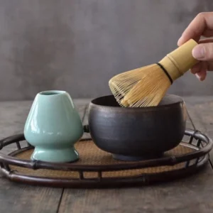 Complete traditional matcha chawan tea bowl set with chawan, chasen, naoshi holder, full kit display