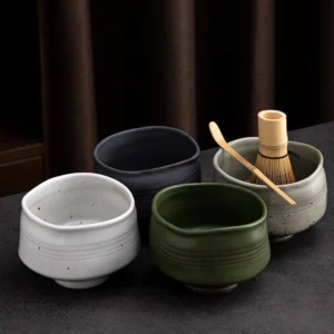 Complete 4 piece traditional matcha tea bowl set with all tools displayed