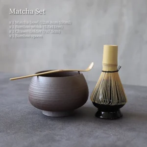 Complete traditional matcha tea bowl set with chawan, chasen, chashaku and naoshi holder