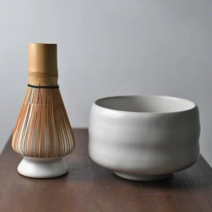 Complete traditional matcha tea bowl set with matcha chawan bamboo whisk chasen holder chashaku