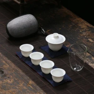 Complete portable white ceramic chawan gongfu travel tea set with carrying bag