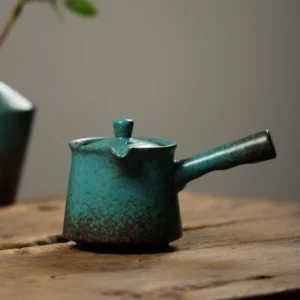 Crackle glaze teal porcelain kyusu side handle teapot 7oz close up