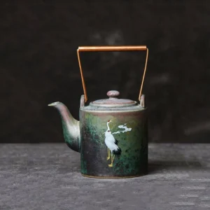 6oz kiln-change glaze porcelain crane handled teapot with crane and cloud pattern full view