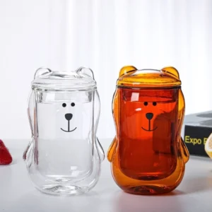 cute bear double wall glass tea infuser mug full view with lid