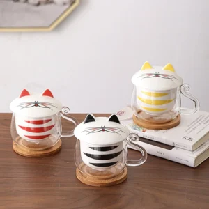 full set cute cat ceramic tea infuser glass mug with lid and wooden coaster