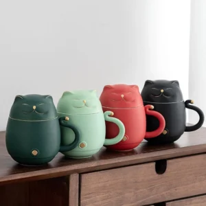 open cute cat ceramic tea mug with infuser and lid front view