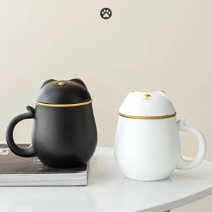 full set cute cat ceramic tea mug with strainer lid and travel case