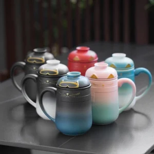 13.5oz cute cat ceramic tea mug with infuser and lid main product view