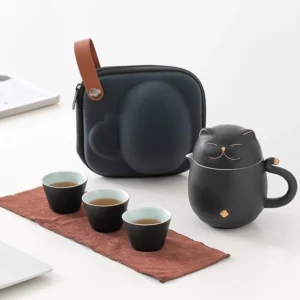 full open view of cute cat shaped ceramic travel chawan tea set with hard carrying case