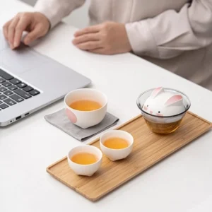 Cute rabbit portable travel chawan tea set full view with white ceramic and pink accents