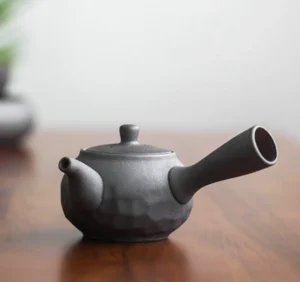 handcrafted dark gray textured kyusu side handle porcelain teapot full view
