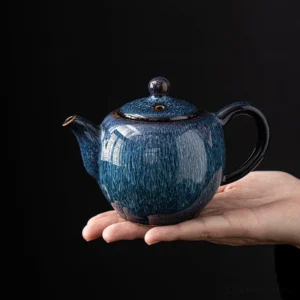 Handcrafted deep blue hare's fur glaze porcelain gongfu teapot 8oz, full product view