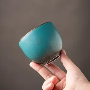 Handcrafted Dehua Chinese tea bowl blue green kiln change front view