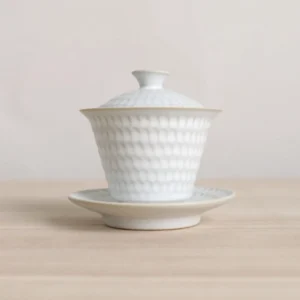 Embossed white porcelain gaiwan 5.4oz full set view with lid and saucer