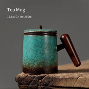 Full product view of 9oz emerald green crackle glaze ceramic tea infuser mug with wooden handle and matching lid