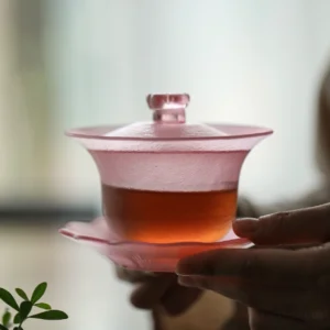 full view of 5oz frosted pink glass gaiwan with lid and flower-shaped stand