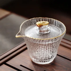 5oz frosted textured glass gaiwan with gold accent front view