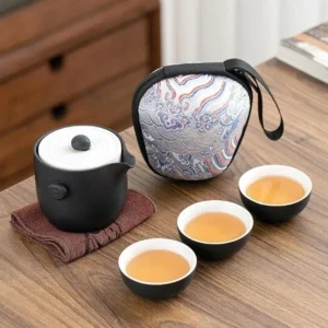 Full unboxed black portable travel chawan kung fu tea set with carrying bag