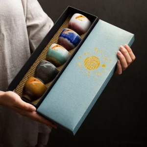 Full set of 5 hand-painted Chinese ceramic tea bowls with gift packaging