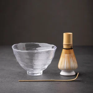 Full complete cracked glass matcha chawan bowl set with glass bowl bamboo whisk ceramic holder and bamboo scoop