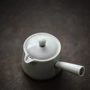 Full complete light gray minimalist porcelain kyusu teapot set with teapot, teacups, coasters and tea caddy