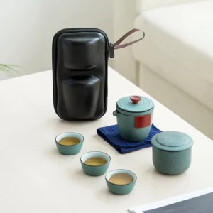 full complete set of portable matte teal ceramic chawan travel tea set with hard protective black carrying case