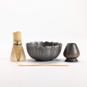 Full complete vintage matcha tea bowl set with matcha chawan, bamboo whisk, bamboo scoop and ceramic whisk holder