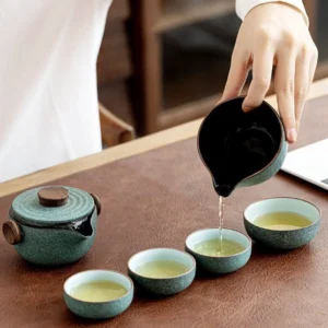 Full portable 5.75oz ceramic chawan travel tea set with wood handles and carrying bag