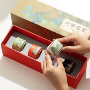 Full set of 4 Chinese mountain landscape ceramic tea cups in gift box
