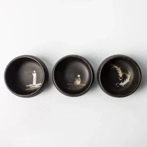 full set of hand-painted black rough ceramic japanese tea bowls 2.7oz