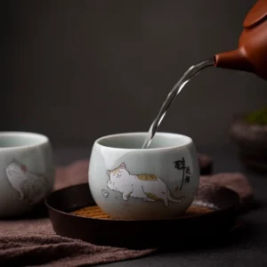 Full set of four hand-painted cute cat Chinese ceramic tea bowls
