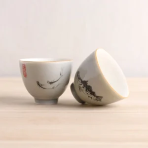 full set of hand-painted ink fish chinese ceramic tea cups with gold rim