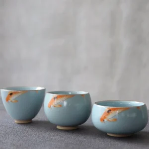 Full set hand painted koi blue crackle glazed Chinese porcelain tea cup
