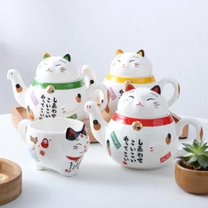 full set maneki neko lucky cat porcelain teapot with matching teacup