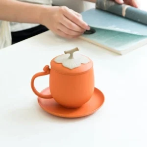 Full persimmon ceramic tea mug set with infuser lid and saucer, 14oz orange persimmon design