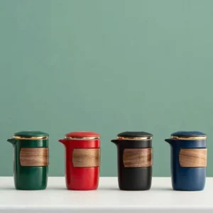Full set view of portable 7.4oz ceramic travel chawan tea set with carrying bag