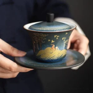 Full set of gradient blue green porcelain gaiwan with golden landscape pattern