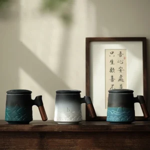 gradient ceramic tea mug with strainer and lid full product view