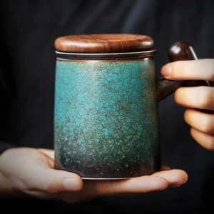 9oz gradient crackle glaze ceramic tea mug with infuser and wooden lid front view