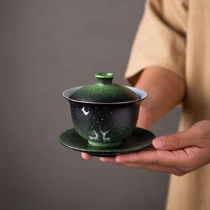 4oz gradient green porcelain gaiwan with deer moon and star design full product view