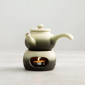 Gradient porcelain kyusu teapot with candle warmer full set view