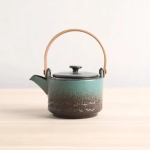 Hand-painted gradient celadon brown porcelain teapot with wooden handle product main view