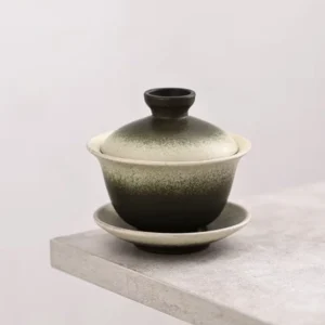 Handcrafted gradient green off-white speckled porcelain gaiwan with lid and saucer full view