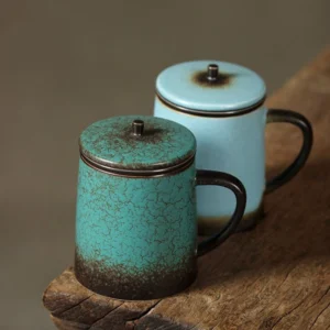 green ceramic tea mug with strainer and lid crackle texture main product view