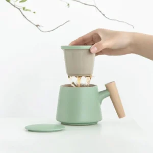 10oz green ceramic tea strainer mug with infuser wood handle open lid