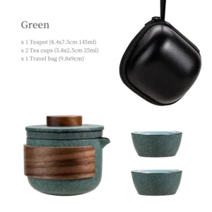 Green ceramic travel chawan tea set with wooden accents full view