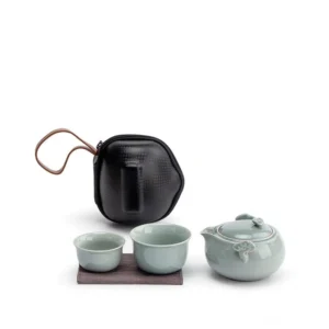 Complete green ceramic cloud pattern chawan travel tea set with black hard carrying case