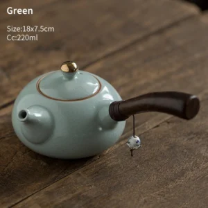 7.4oz light green crackle glaze porcelain side handle teapot with wooden handle