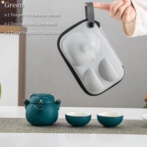 Green Maneki-neko lucky cat ceramic travel tea set 6.7oz full view with carrying case