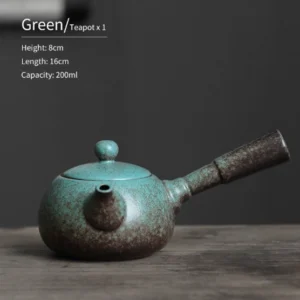 green speckled rustic porcelain kyusu side handle teapot front view